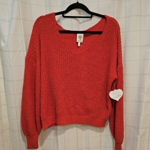Self Esteem Red Open-Knit V-Neck Sweater